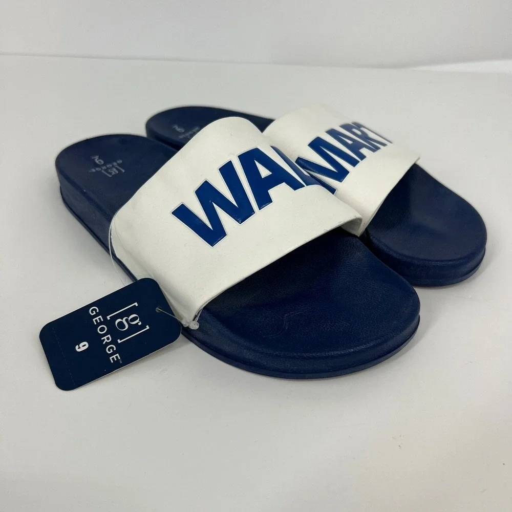 Walmart Logo Flip Flop Slide Sandals Mens Size 9 George‎ RARE White Blue New